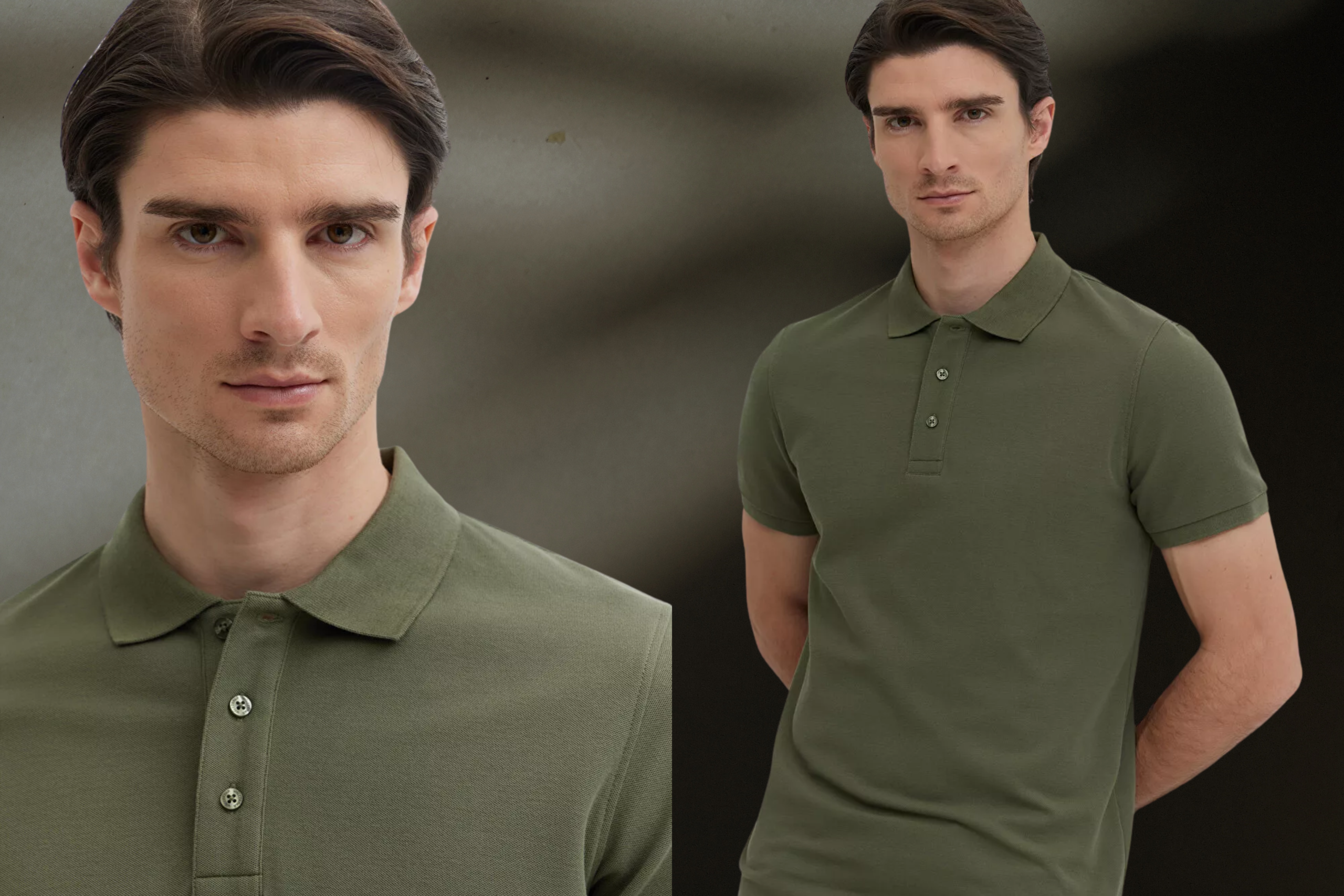 mężczyzna w oliwkowym polo